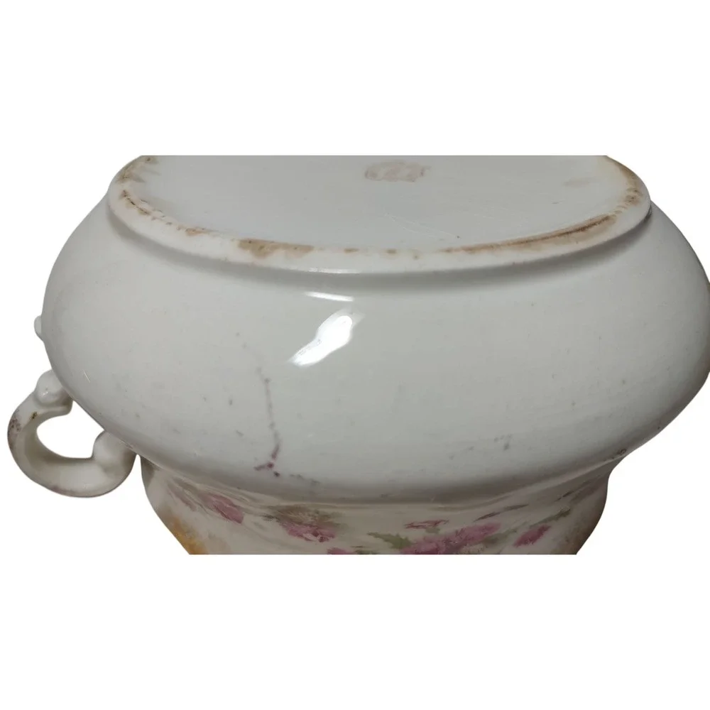 Antique MS‎ Floral Lidded Serving Dish Round Floral Gold Trim Semi Porcelain SEE